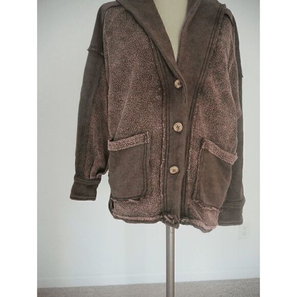 Brown French Terry V-Neck Button-Up Hi-Low Pocket Jacket - Picture 3 of 12